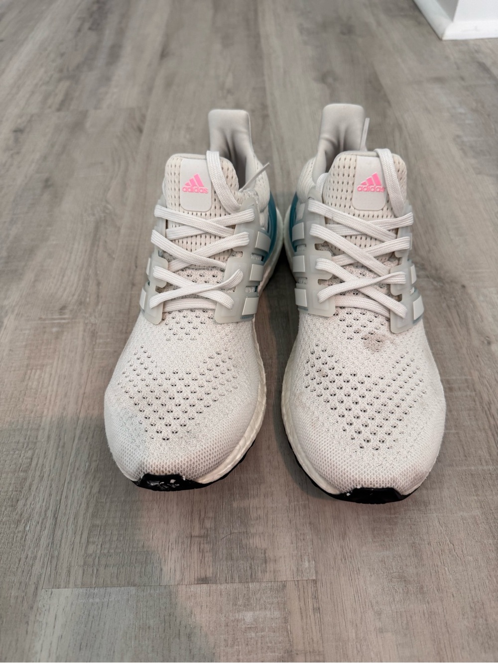 adidas ultra boost Women's White Sneakers with Light Blue Cage and Pink Logo